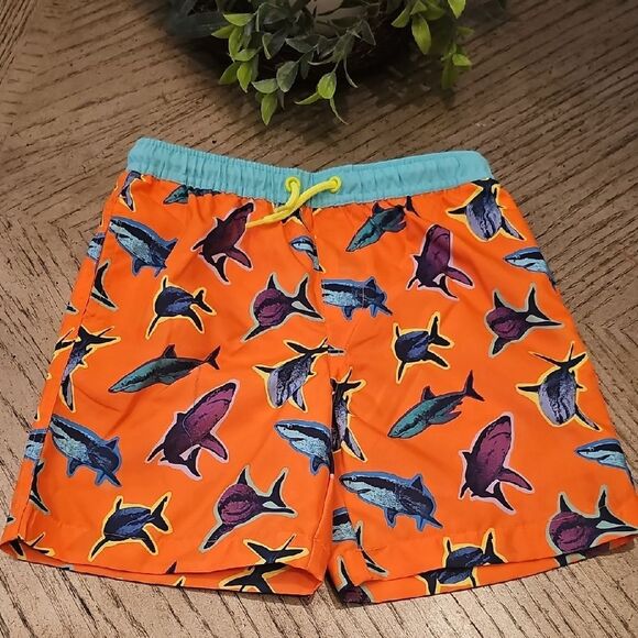 Lands' End Orange Shark Print Kids Swim Shorts Size S 6/7 NWOT - Picture 1 of 7